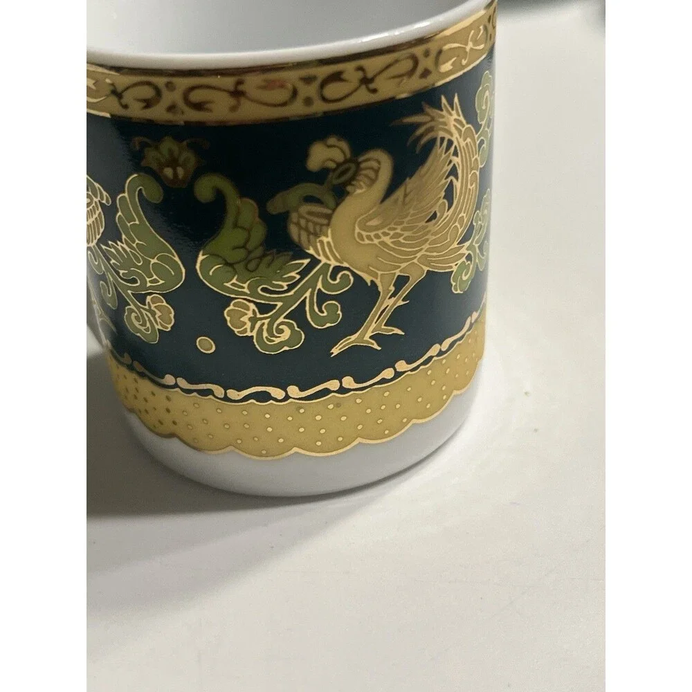 Italy Design Heavy Gold & Green Chicken Rooster Floral Demitasse Cup Saucer 10pc